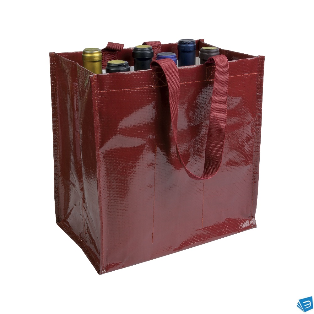 Shopper porta bottiglie (6 posti) in PP laminato 120 g/m2, manici corti a nastro