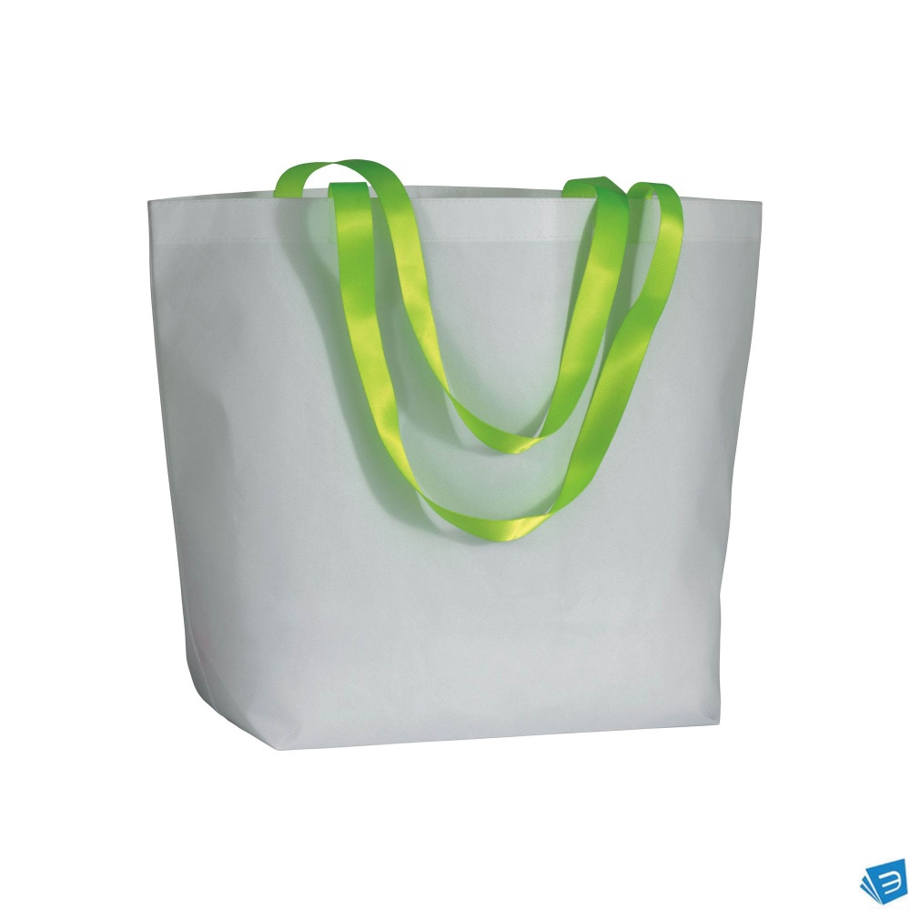 Shopper con soffietto alla base in TNT laminato 100 g/m2 cucito, manici in colore fluo
