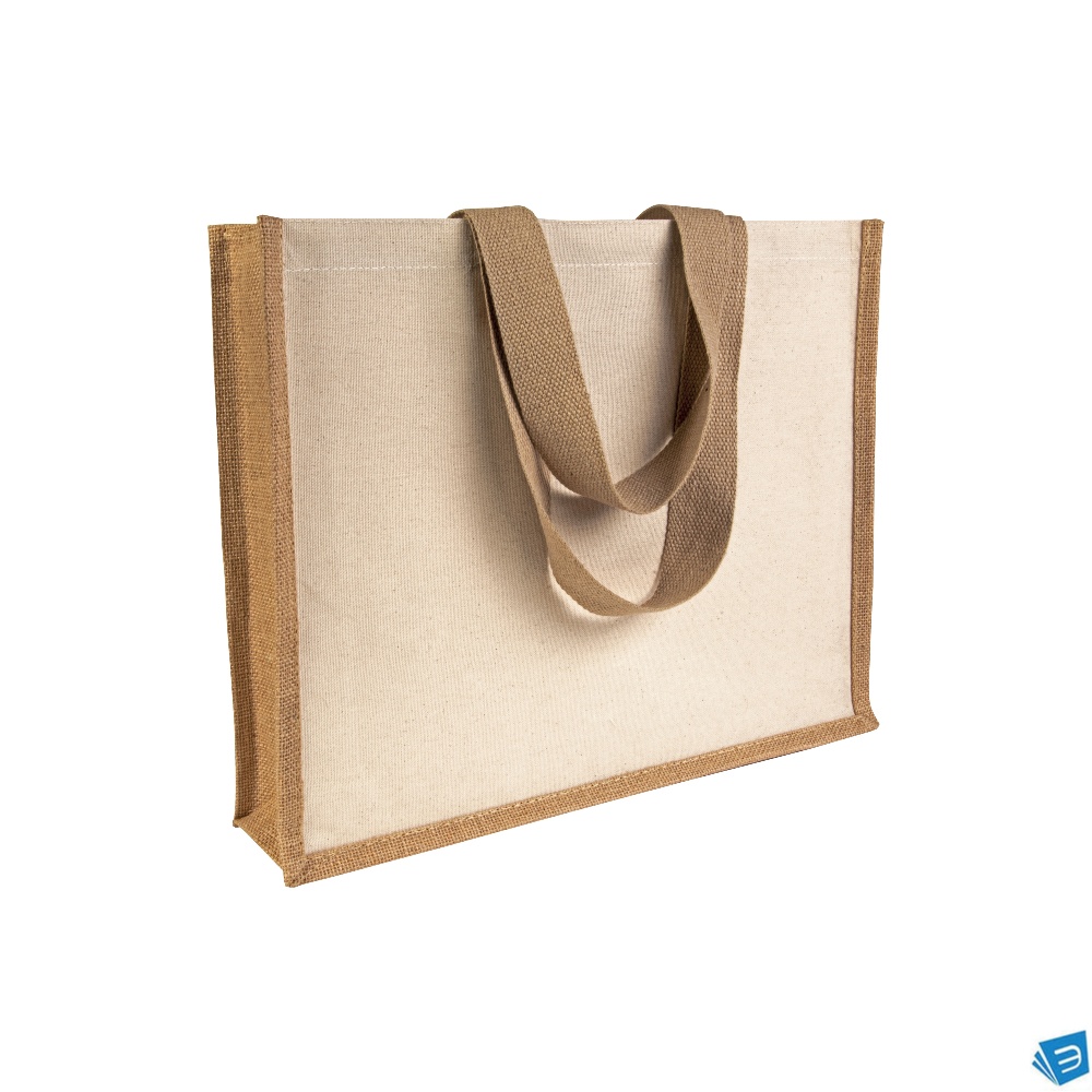 Shopper con soffietto alla base in juta e canvas