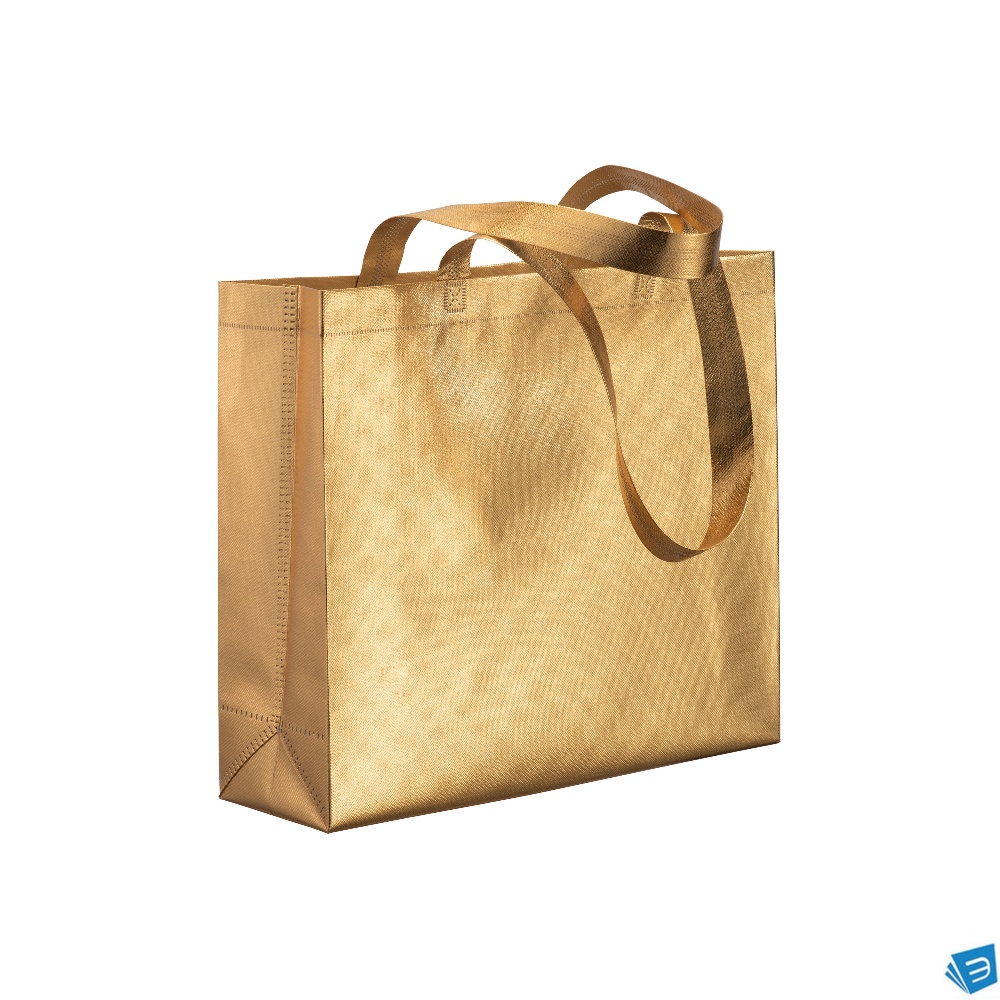 Shopper in TNT laminato metallizzata, manici lunghi e soffietto