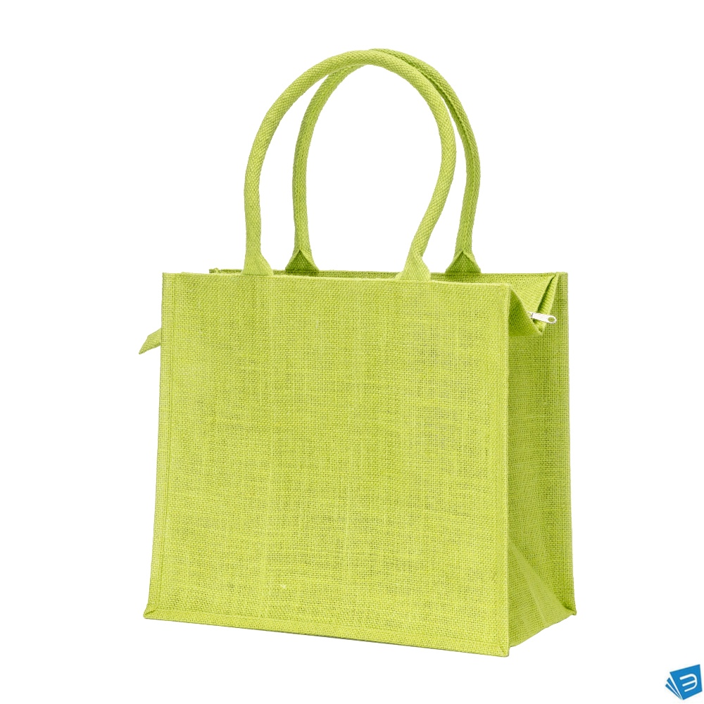 Borsa in juta con manici in cotone. Dotata di chiusura a zip