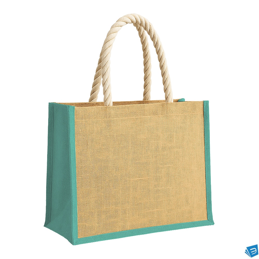 Borsa in juta con manici lunghi in corda e inserti colorati. Con soffietto